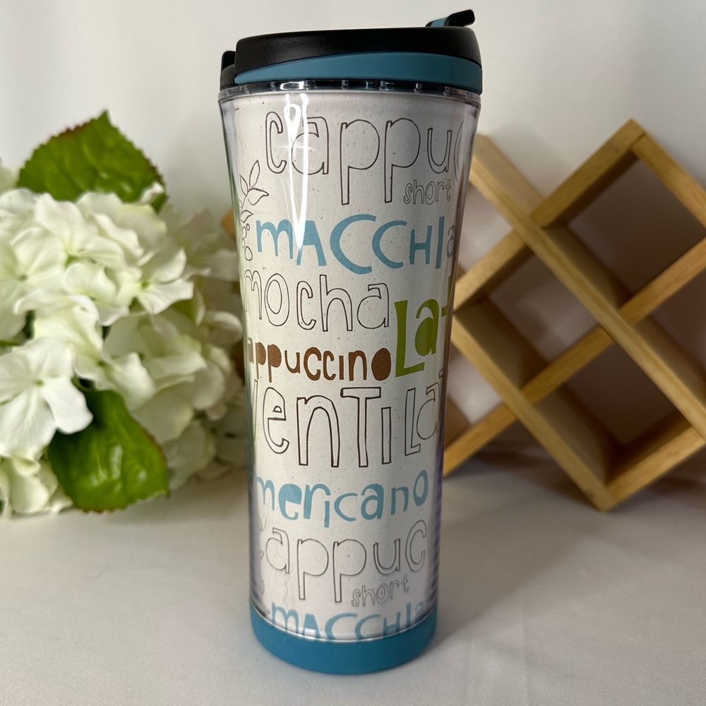 Starbucks 2007 Coffee Words Brown Blue Acrylic Thermal Travel Mug 16 fl. oz.